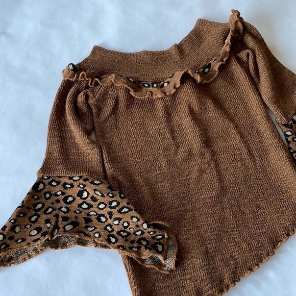 French Asymmetrical Sweater with Bell Sleeves, Wide Collar, Animal Print - Picture 1 of 6